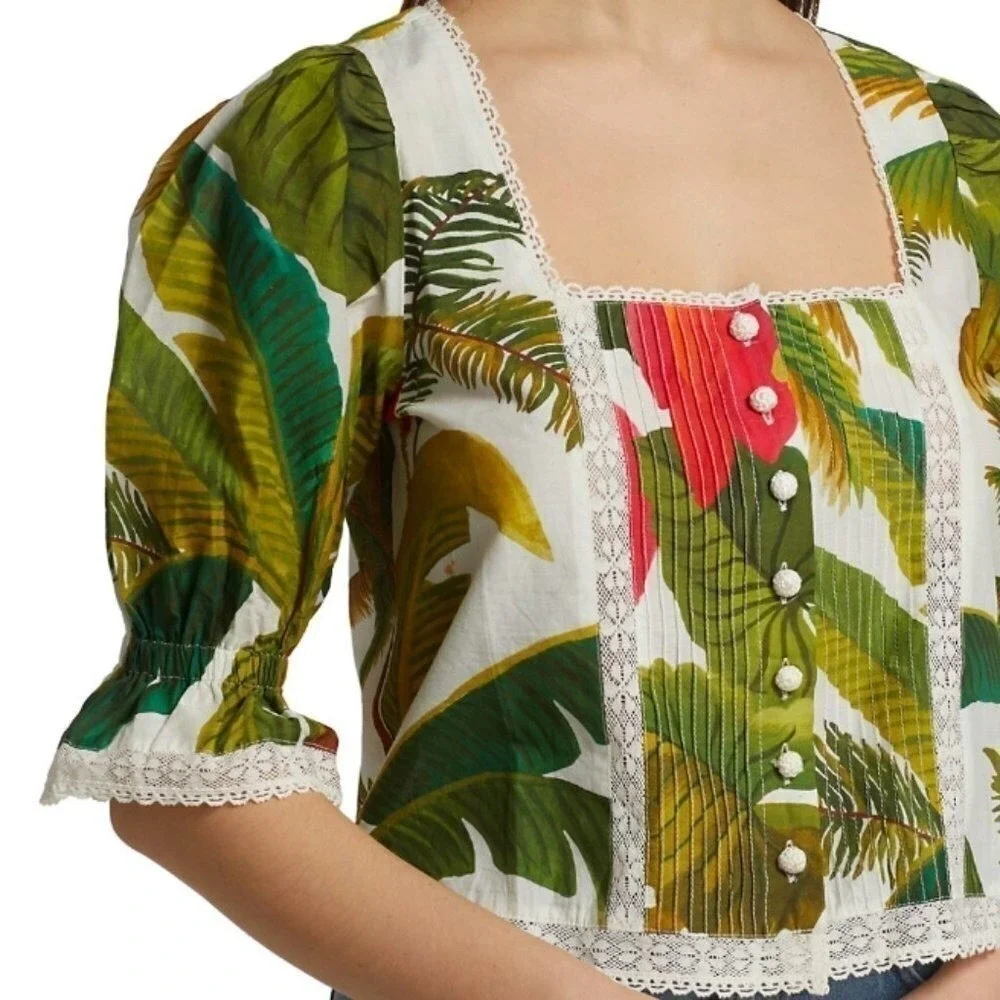 Farm Rio Green White Lace Trim Puff Sleeve Square Neck Button Front Top NWT M